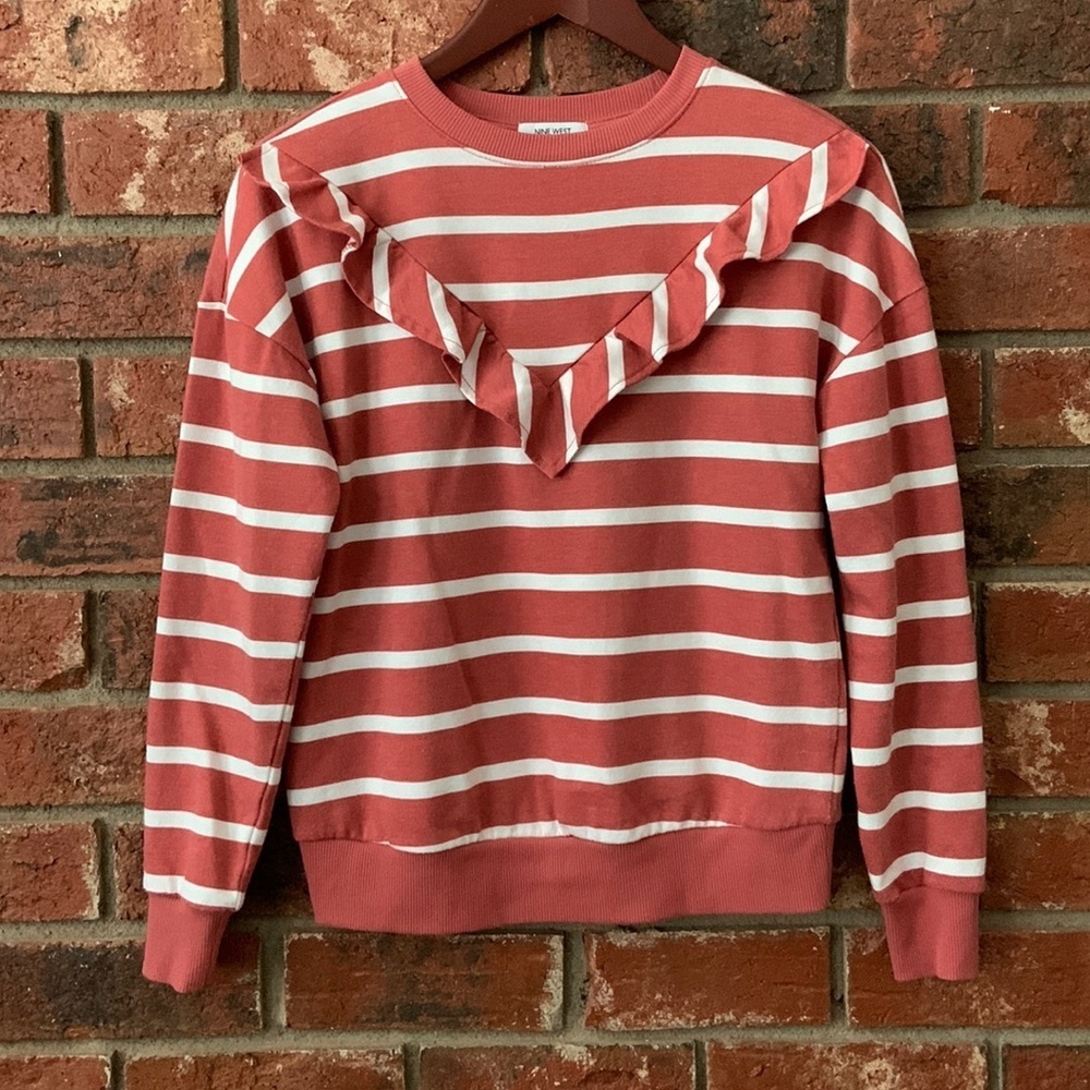 Nine West Stripe V Ruffle Pullovers Top